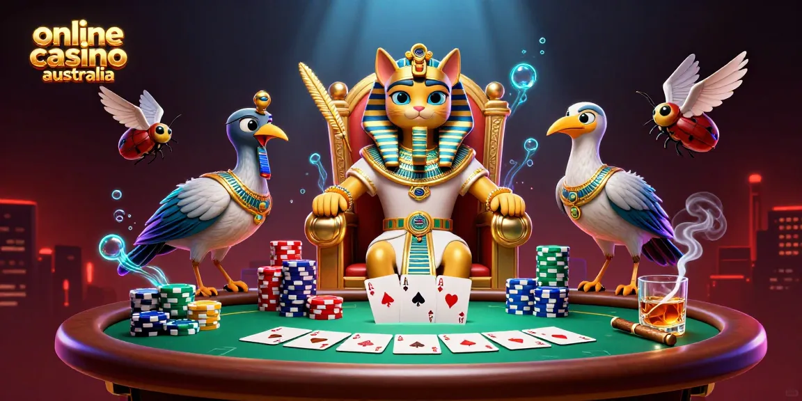 Engage with online casino australia as the Egyptian pharaoh cat and ibis scribe preside over poker action.