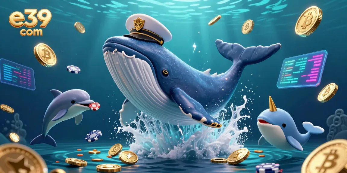 Win big at e39 com with a vibrant underwater casino scene featuring a whale, narwhal, and playful dolphins.