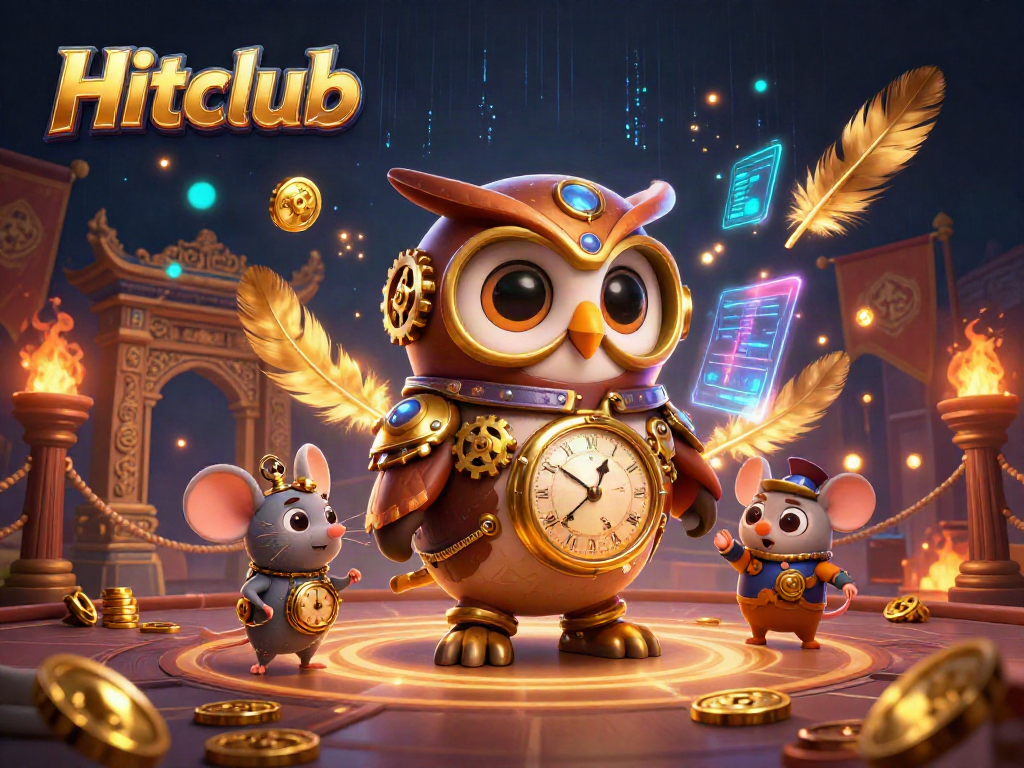 Experience the excitement of Hitclub with a vibrant 3D illustration of an owl and mouse in a futuristic casino setting.