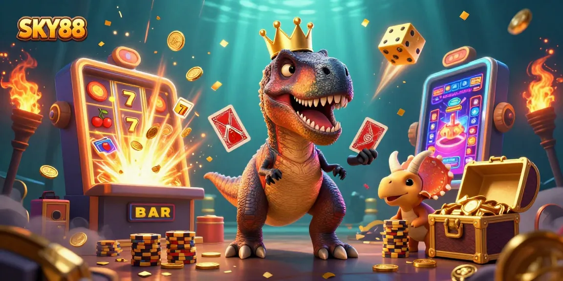 Experience thrilling gameplay at SKY88 with a T-Rex shuffling cards and a jackpot explosion of winnings.