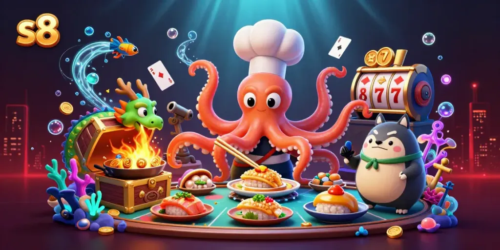 Engage with s8 in a vibrant casino world featuring an octopus chef cooking playful games amidst gold treasures.