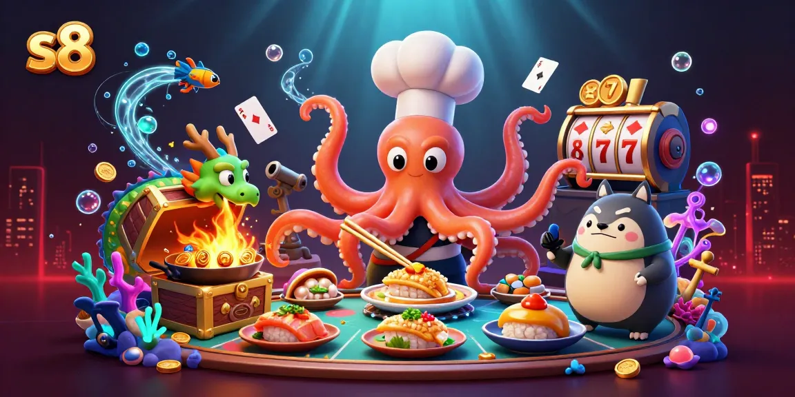 Engage with s8 in a vibrant casino world featuring an octopus chef cooking playful games amidst gold treasures.