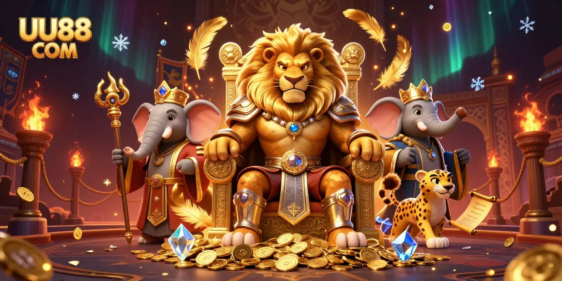 Win big with UU88 COM in a vibrant 3D casino scene featuring a lion king and rich elements.