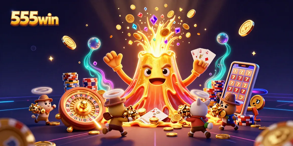 Experience exciting gameplay at 555win with coins, cards, and treasures in a vibrant casino scene.