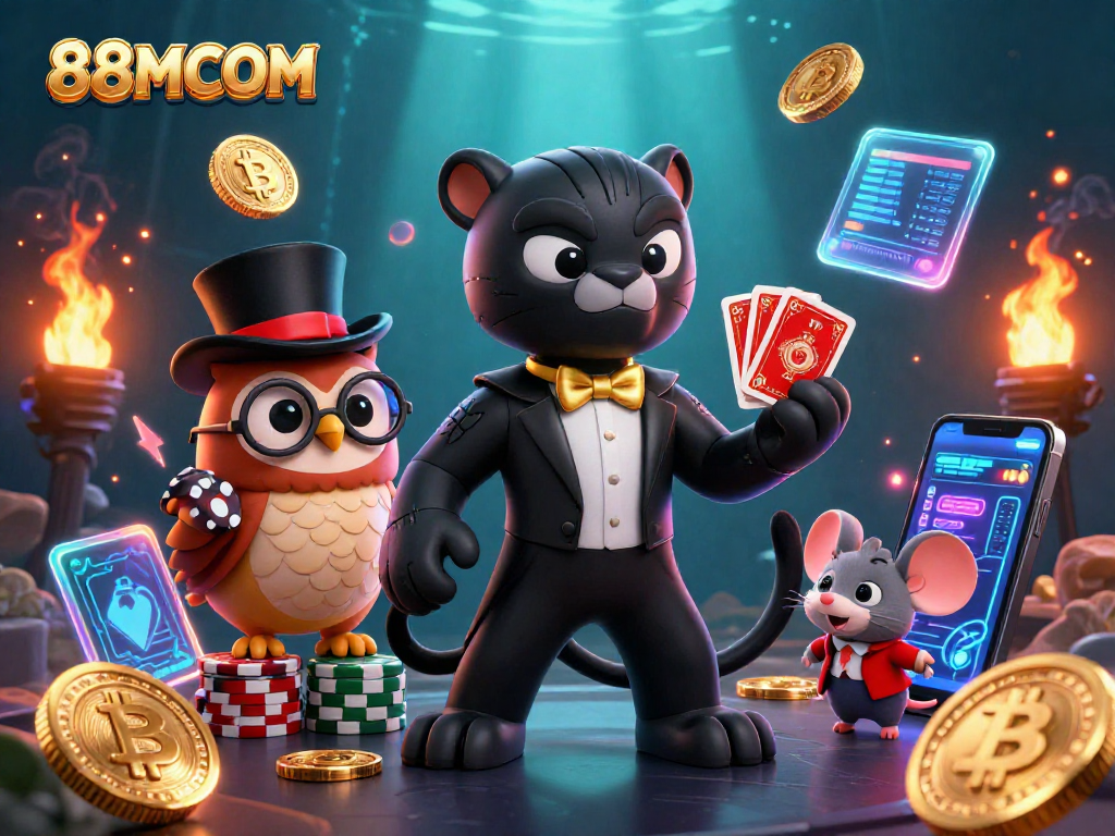 Engage with 88MCOM in a lively casino scene featuring a stylish panther dealer, a monocled owl, and a lucky mouse.