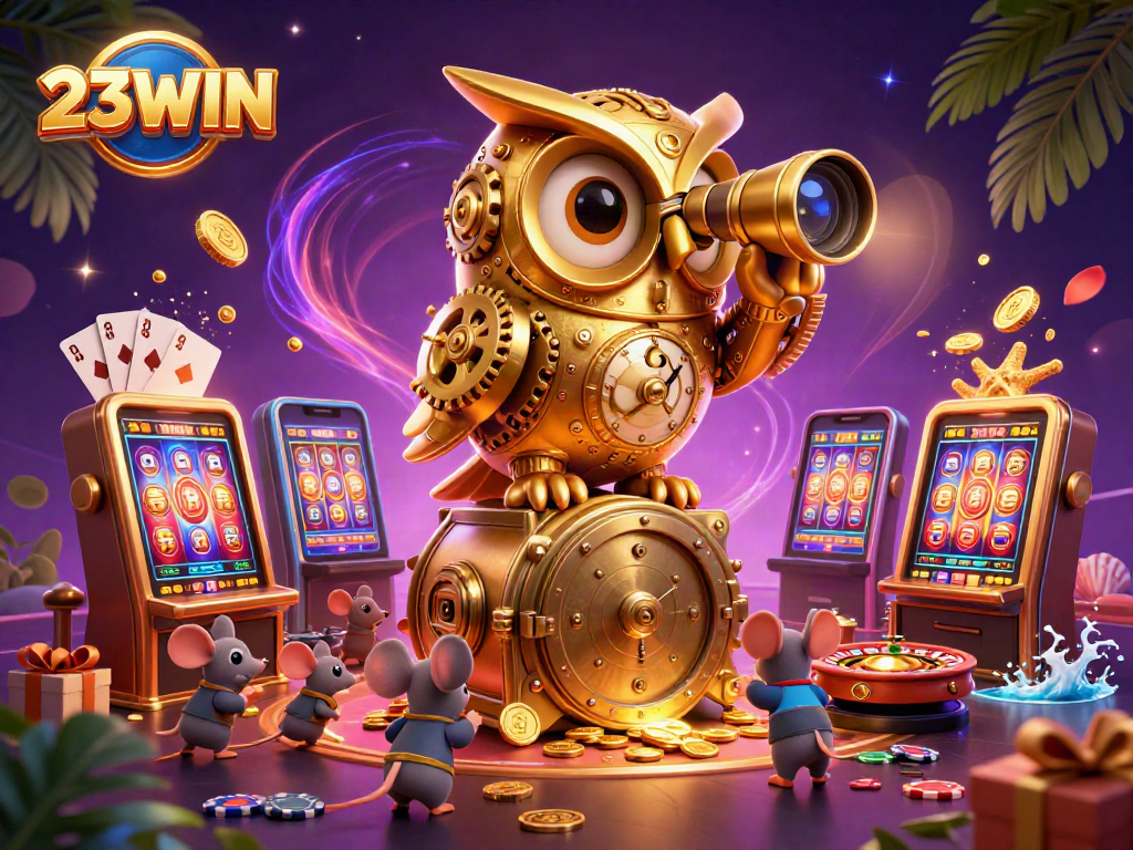 Experience thrilling gameplay with 23WIN, as the golden owl watches over roulette tables and slot machines.