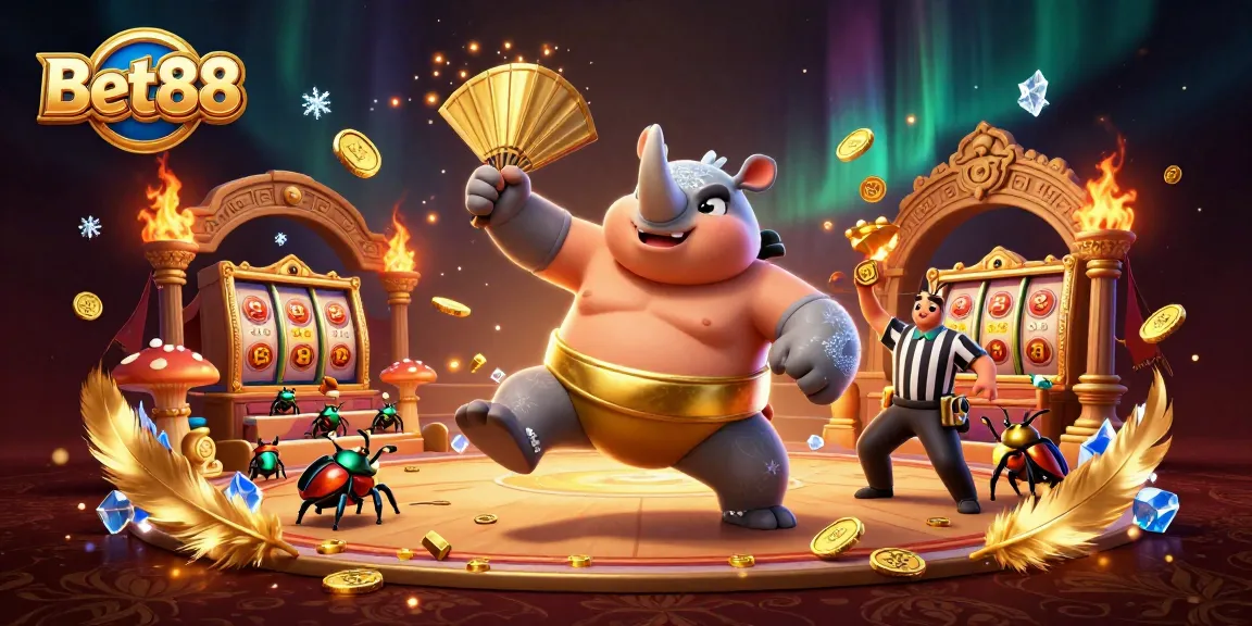 Bet88 presents a vibrant scene with a beetle champion, sending coins flying in a dynamic casino atmosphere.