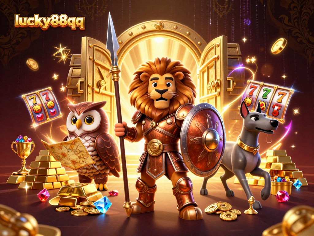 Spin to win at lucky88qq with dynamic casino characters in a treasure-filled scene.