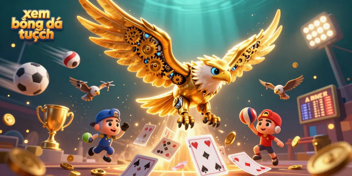 Experience xem bóng đá trực tuyến with this vibrant scene featuring a cybernetic eagle among dynamic sports elements.
