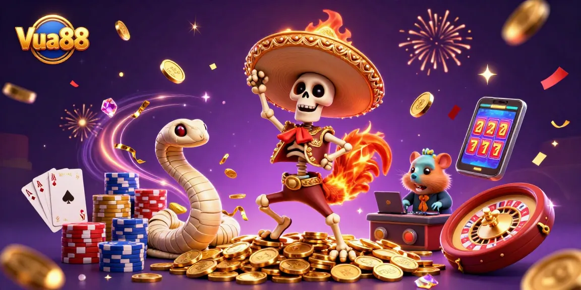 Experience the thrill of Vua88 as a mariachi rooster celebrates amid golden coins and casino games.