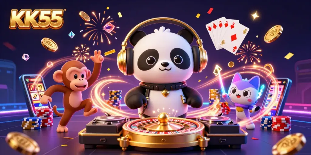 Get ready to win big at KK55 with a dynamic casino illustration featuring a DJ panda and vibrant gaming elements.
