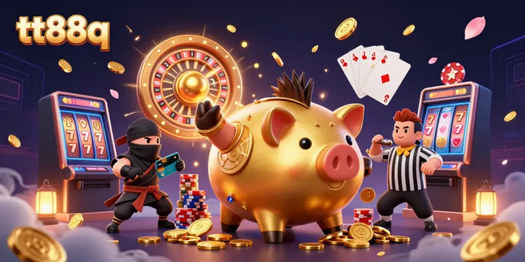 Experience thrilling gaming moments at tt88q with dynamic casino characters and vibrant gold details.