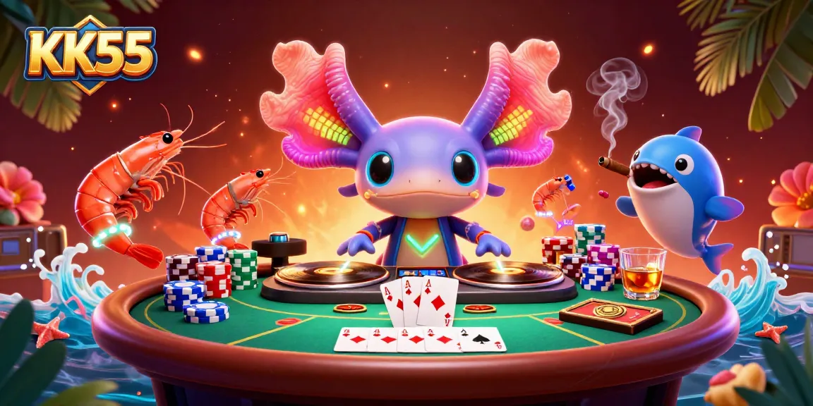 Experience thrilling gameplay at KK55 with a vibrant casino scene featuring dynamic characters and poker elements.