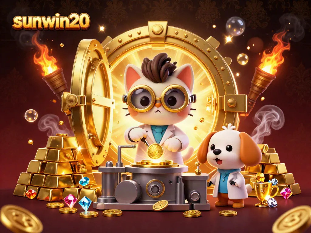 Join the fun at sunwin20 with a mad scientist cat mastering riches in a vibrant casino scene!
