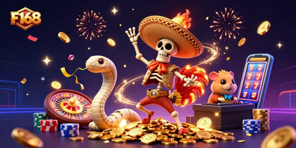 Experience thrilling wins with the F168 as the skeleton mariachi and friends celebrate among golden riches!