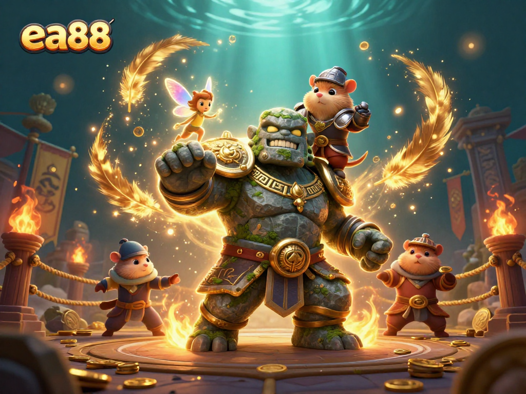 Experience thrilling adventures in ea88 with a magical golem, a fairy, and a hamster knight amidst vibrant casino elements.