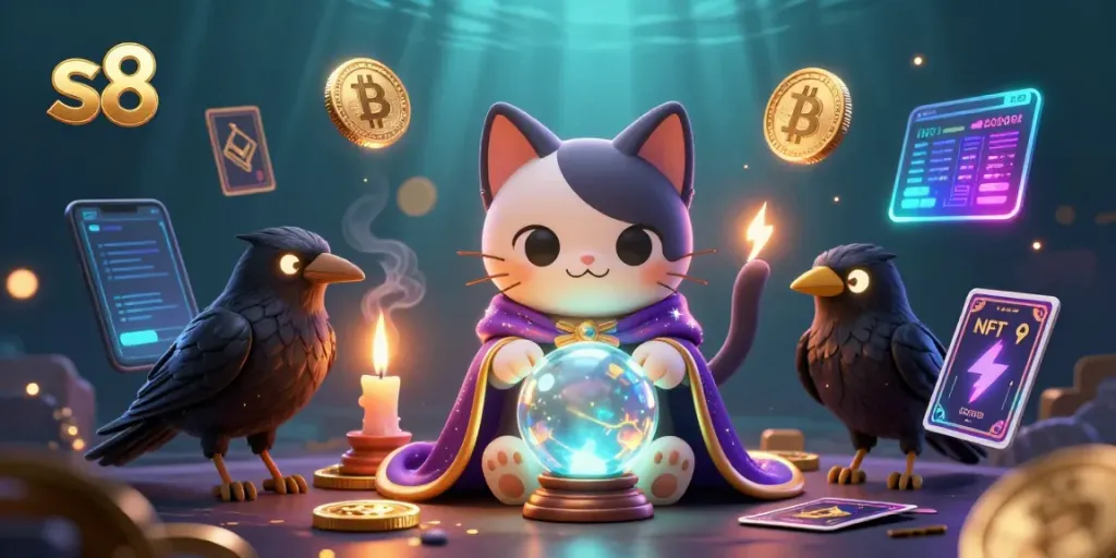 Experience thrilling gameplay with s8 as a cartoon fortune teller cat reveals secrets alongside mystical elements and crypto coins.