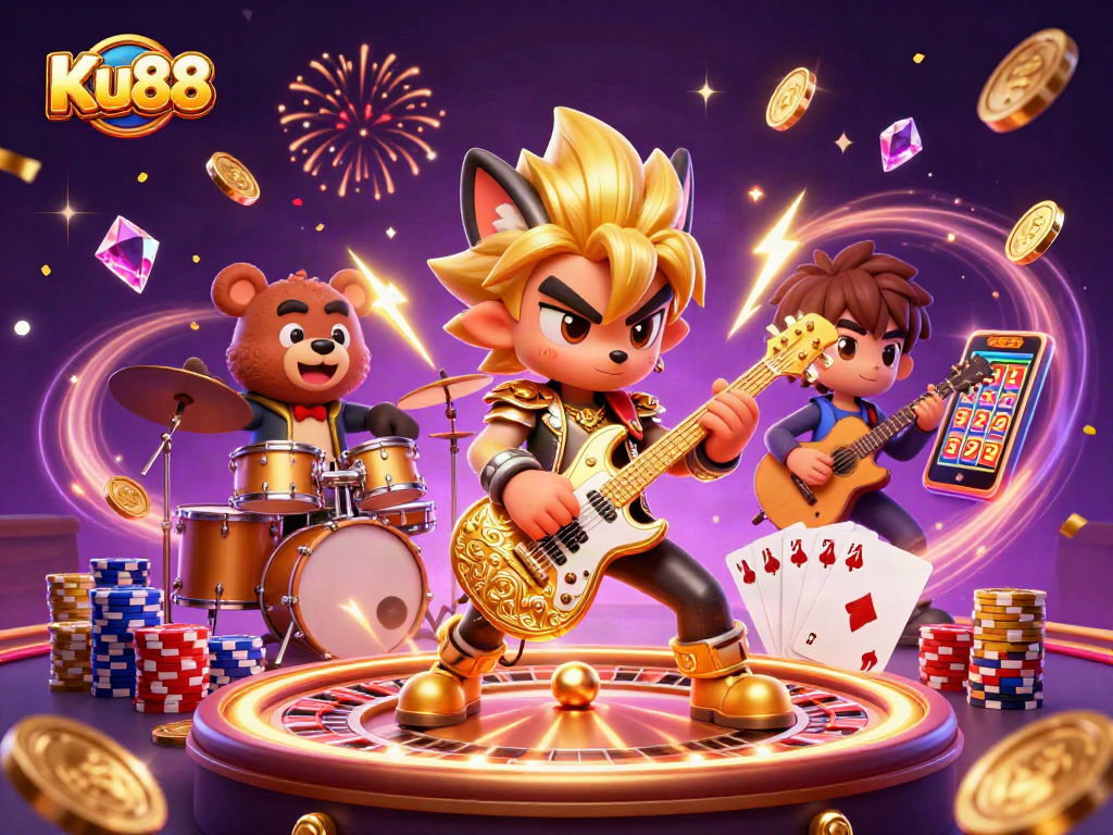 Ku88 captures a lively casino scene with a rock star wolf and drummer bear, showcasing vibrant gaming elements.