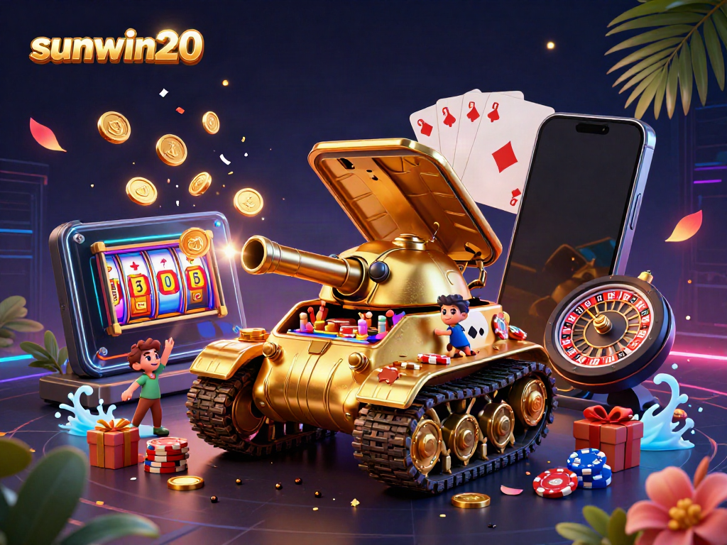 Experience the excitement with sunwin20 in this dynamic online casino scene featuring a golden beetle tank and vibrant gaming elements.