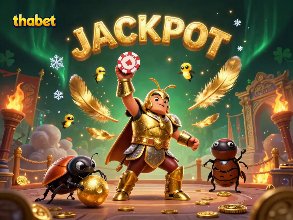 Thabet's triumphant hercules beetle hero lifts a poker chip in a vibrant casino world.