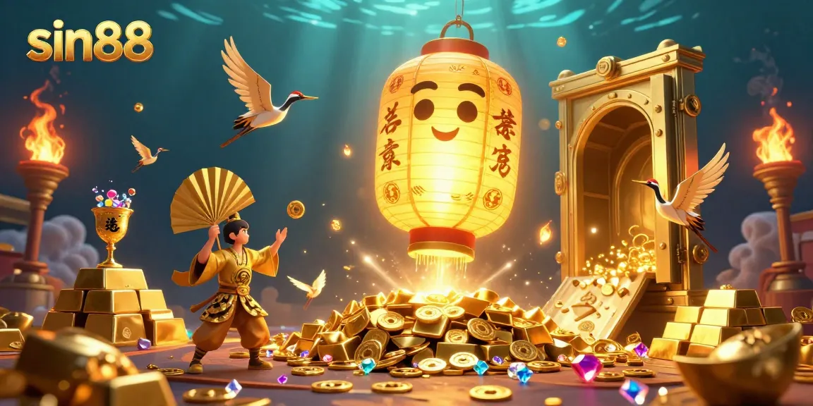 Experience sin88's vibrant casino scene filled with golden treasures and lucky symbols.