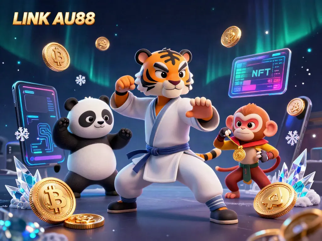Players can experience thrilling action in LINK AU88, showcasing characters amidst vibrant casino elements and cryptocurrency.