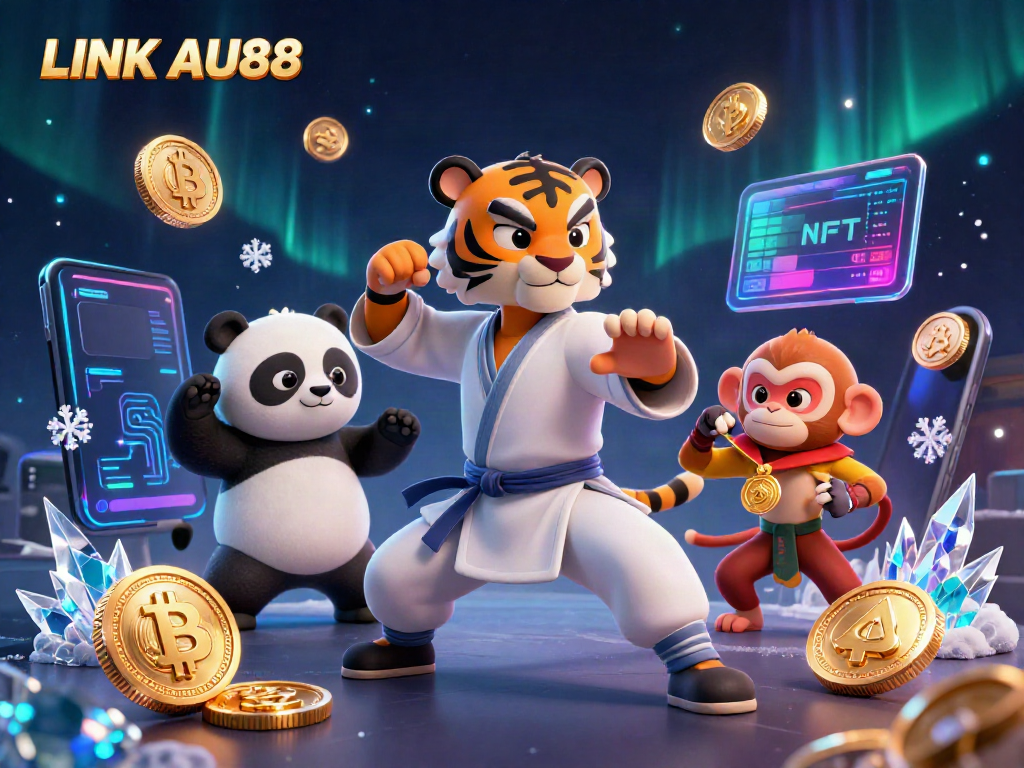 Players can experience thrilling action in LINK AU88, showcasing characters amidst vibrant casino elements and cryptocurrency.