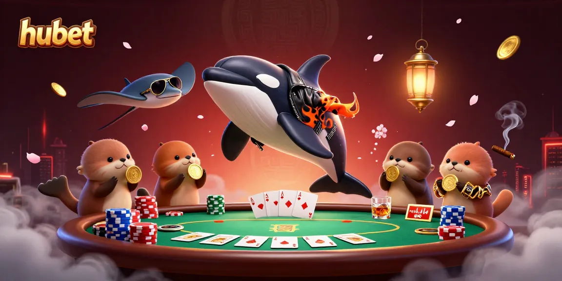 Engage with the slot games at hubet, featuring a vibrant 3D scene with characters playing poker.
