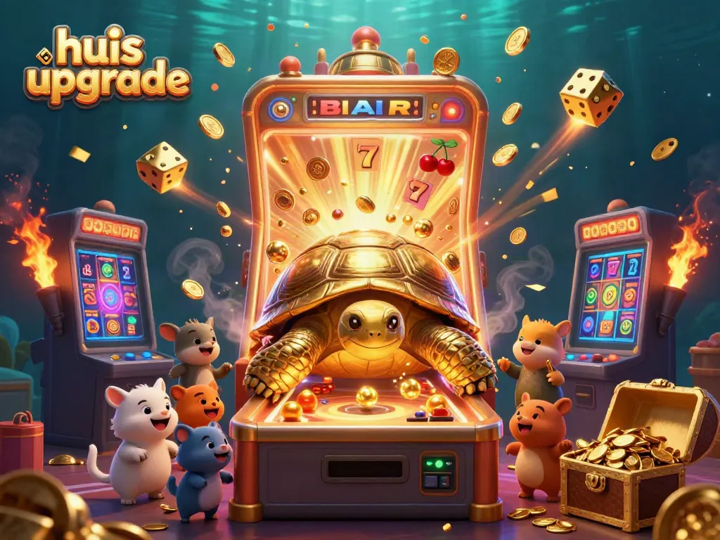 Engaging scene detailing huis upgrade with a golden tortoise and a jackpot explosion from slot machines.