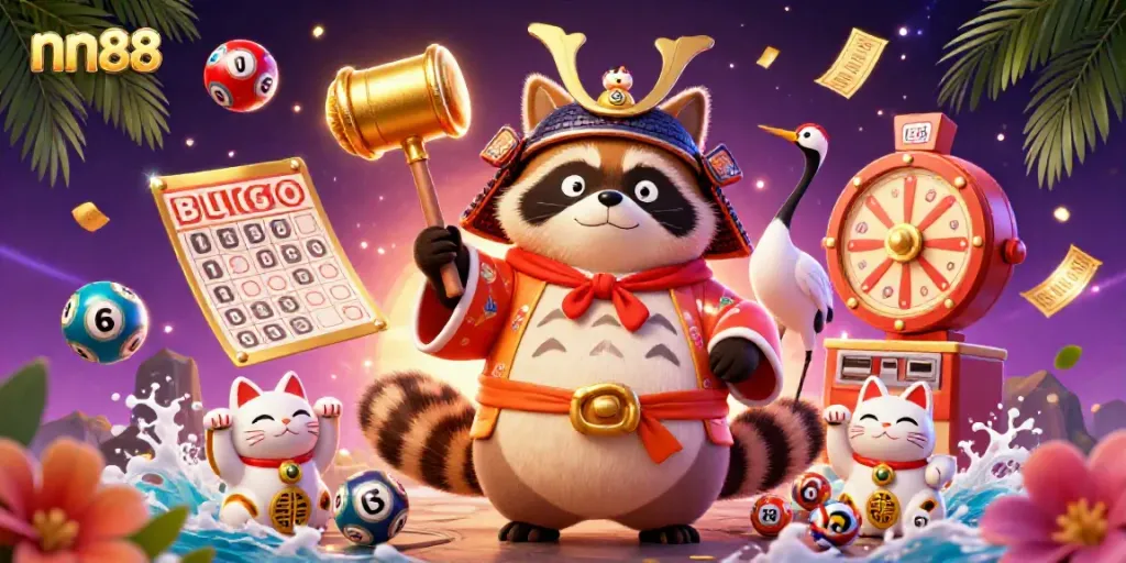 Experience the vibrant casino excitement with nn88, featuring a cheerful tanuki and colorful game elements.