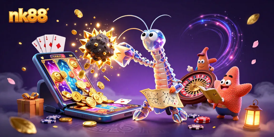 Nk88 offers exciting gameplay with a galactic samurai shrimp amid exploding gems and vibrant casino elements.