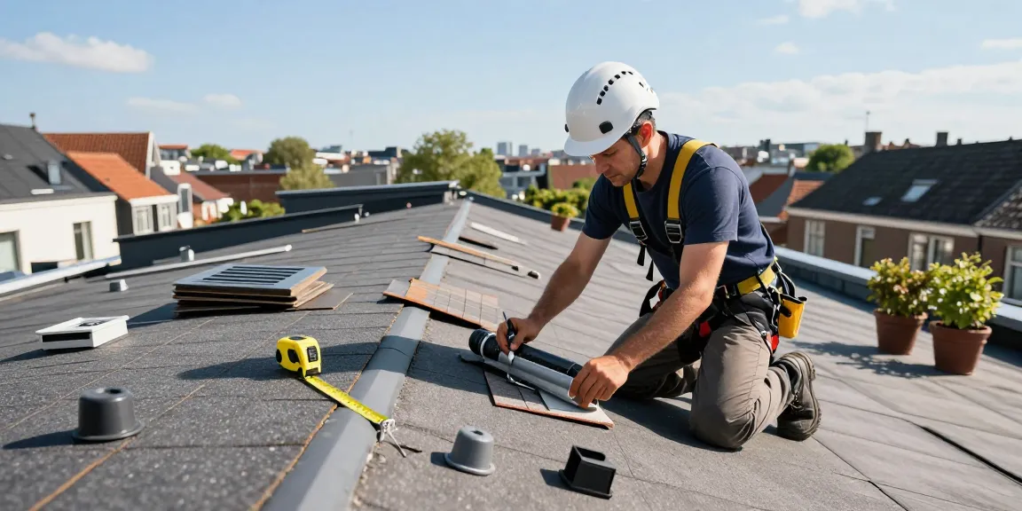 Expert dakdekker den haag inspecting a flat roof in a modern residential setting.