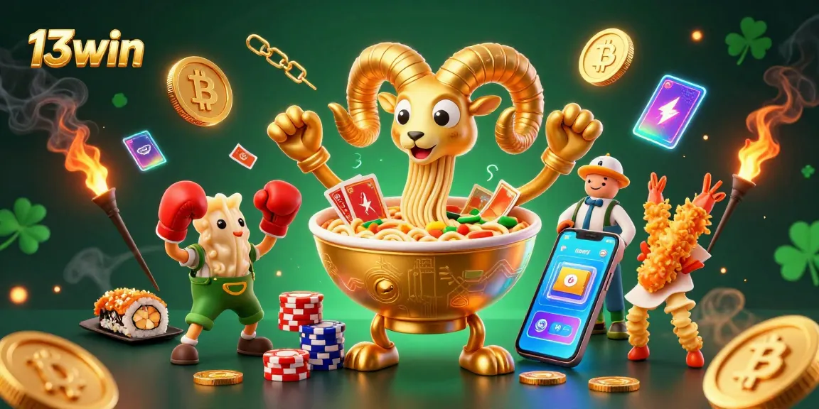 Engage with 13win's vibrant casino illustration showcasing golden ramen bowl, crypto coins, and dynamic gaming elements.