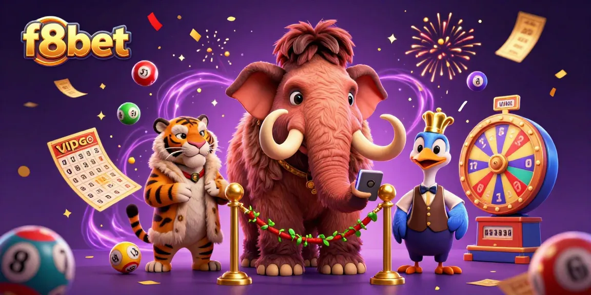 Experience f8bet with vibrant lottery elements in an illustrated casino scene.