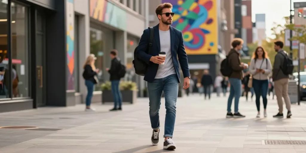 Stijlvolle man in herenkleding wandelt door een levendige stad, met trendy outfit en achtergrond van straatkunst.