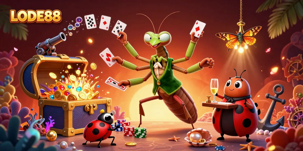 Immerse in vibrant LODE88 casino scene with card sharp mantis and charming ladybug pit boss.