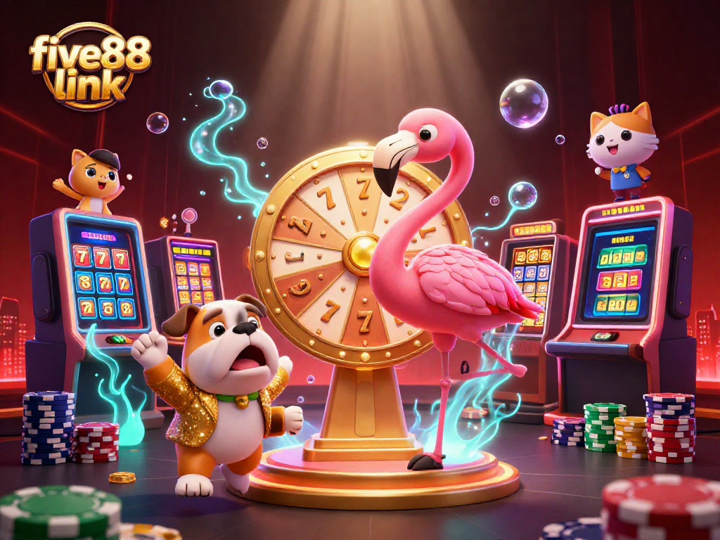Excited contestants at the five88 link casino, spinning a giant prize wheel with vibrant 3D details.