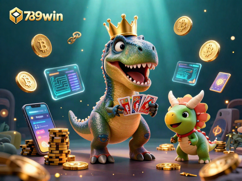 Engage with 789win's vibrant 3D casino scene featuring animated T-Rex and crypto elements.