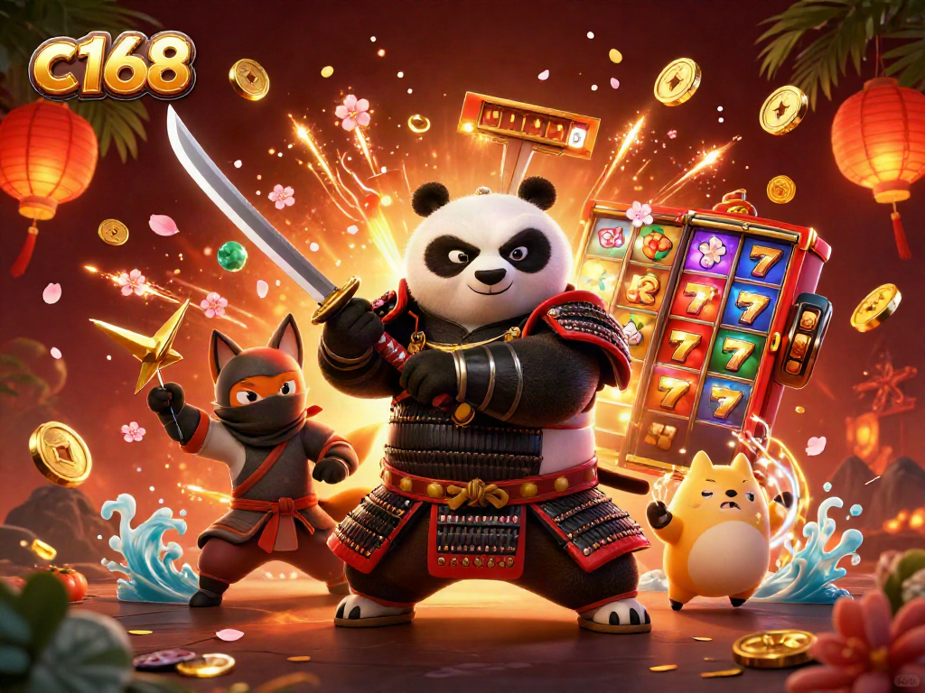 Engage with thrilling slots at c168 featuring a dynamic samurai panda and vibrant casino elements.