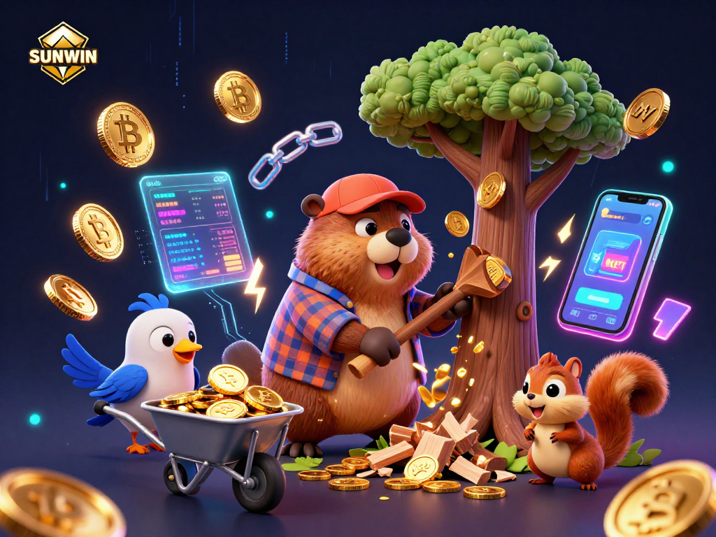SUNWIN showcases a vibrant illustration of a playful beaver gathering coins, celebrating casino excitement.