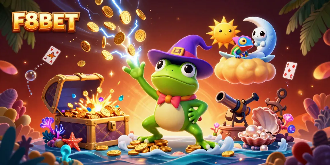 Experience the thrills of F8BET with colorful characters amidst treasures and casino elements.