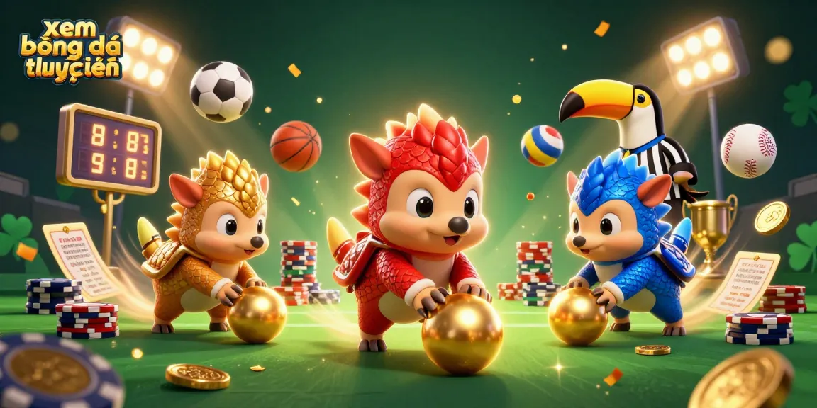 Experience xem bóng đá trực tuyến excitement with dynamic pangolins and sports elements in this colorful casino scene.