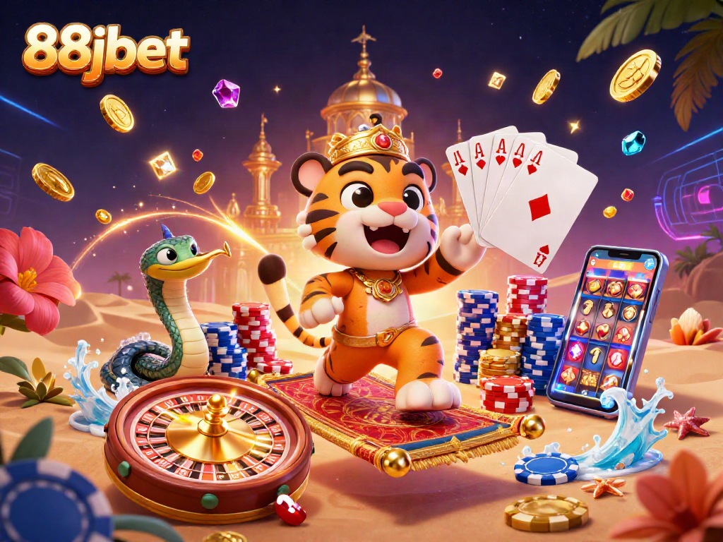 Join the 88jbet adventure with the sultan and genie as riches abound in a vibrant casino scene.