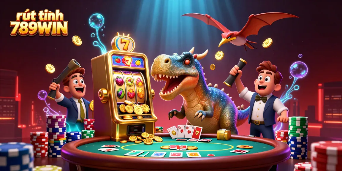 Experience rút tiền 789WIN as a pachycephalosaurus celebrates a jackpot at a vibrant casino scene.