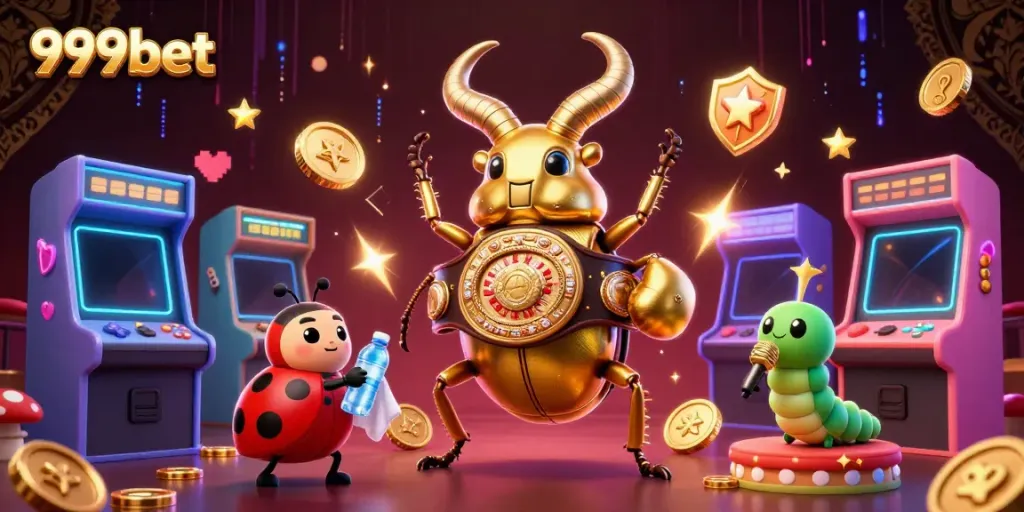 Experience thrilling gameplay with 999bet in this dynamic casino-themed 3D illustration featuring game elements and characters.