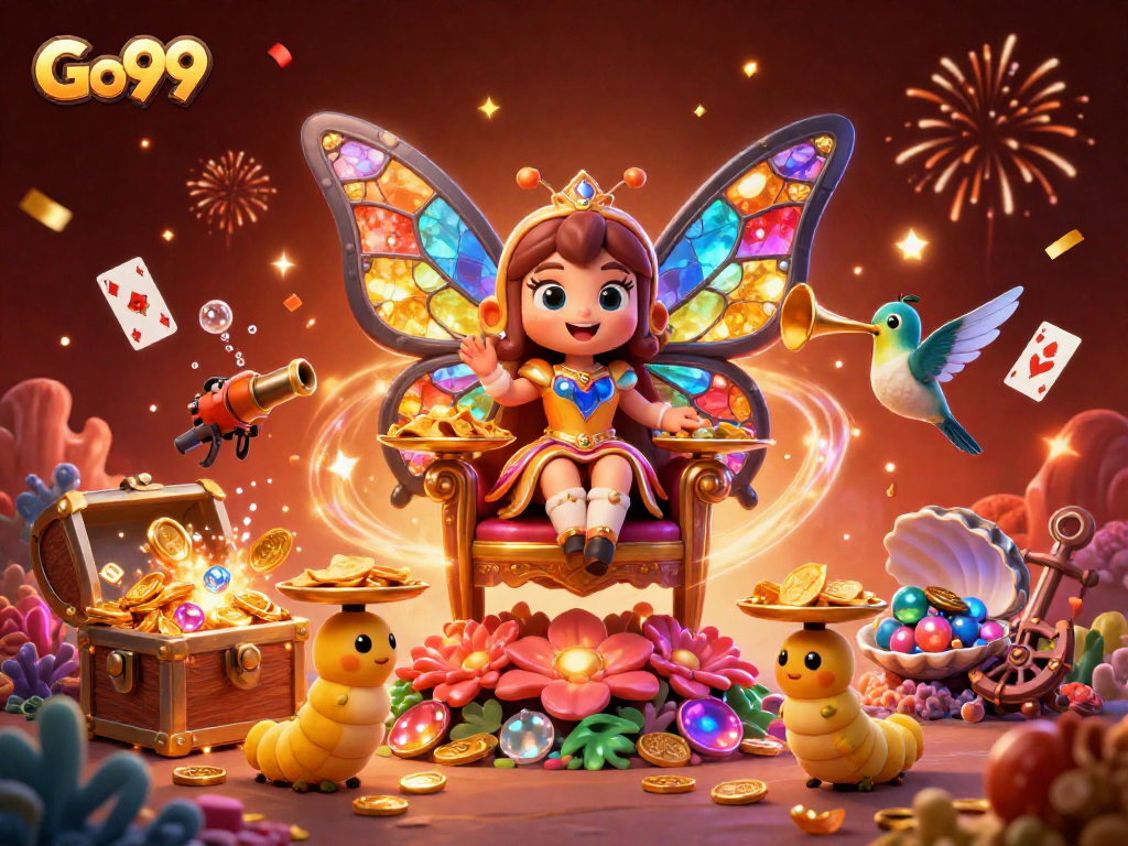 Experience excitement with Go99 as a colorful butterfly queen presides over a vibrant casino scene.