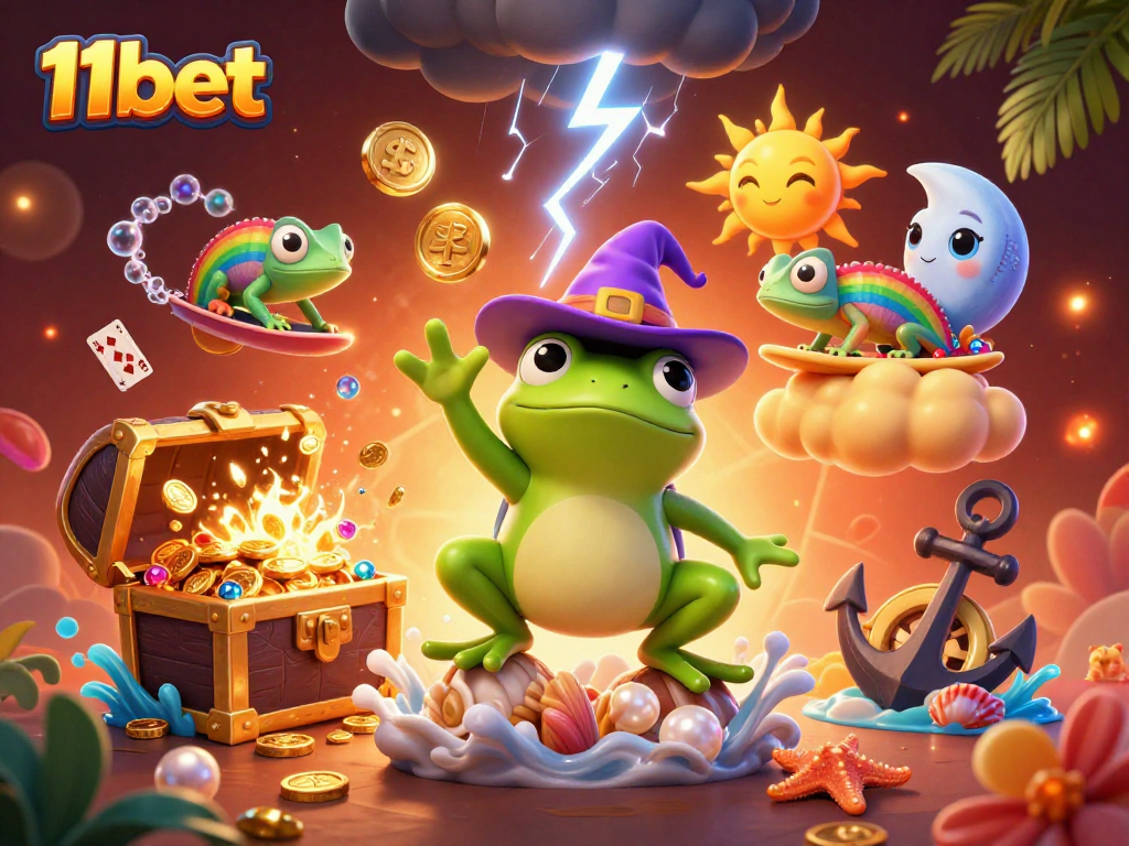 Spin and win with 11bet featured in a vibrant 3D casino illustration depicting a magical scene.