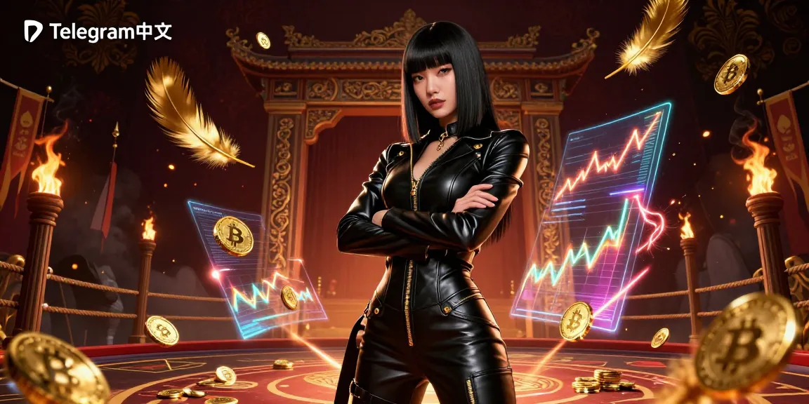 在动态赌场场景中，通过Bitcoin硬币和霓虹元素展示一位赋权女性，与Telegram中文互动。