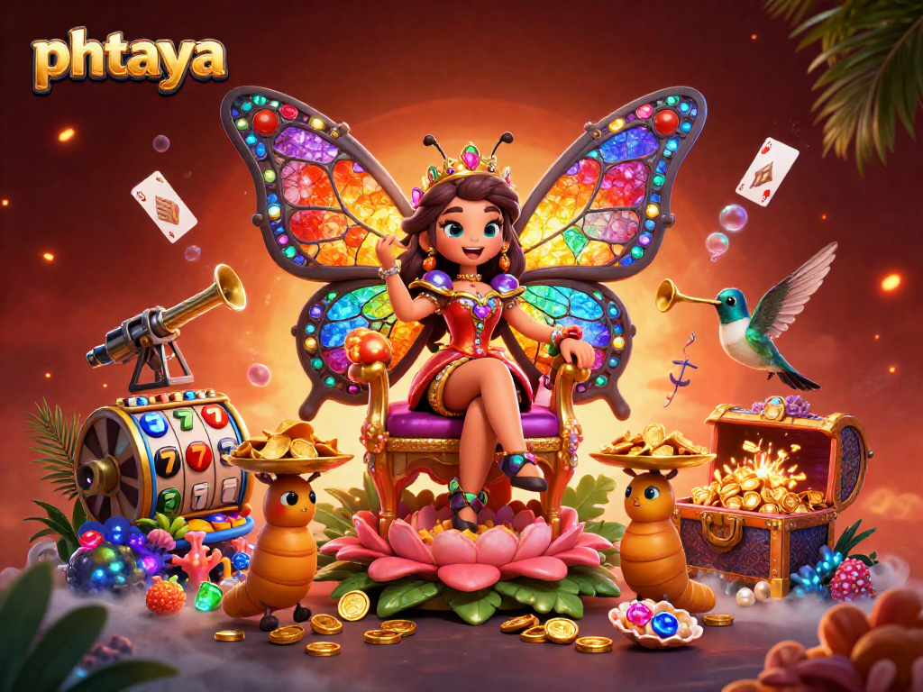 Phtaya players enjoying vibrant gaming action with a butterfly queen amidst slot reels and treasures.