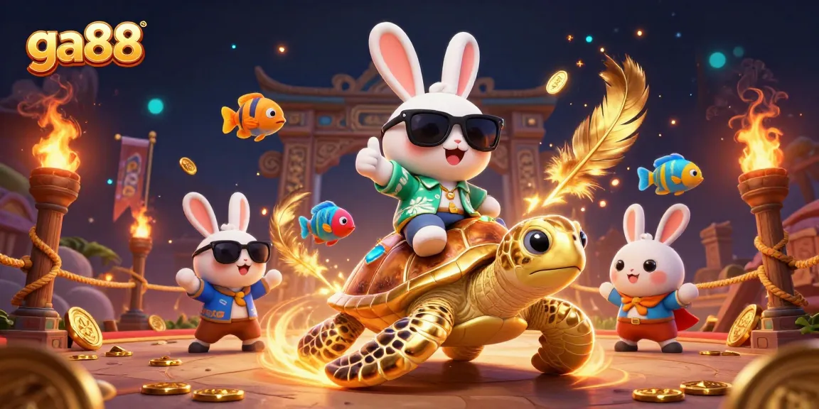Engage in thrilling casino gaming action at ga88, featuring animated lucky rabbit and sea turtle in a vibrant 3D illustration.